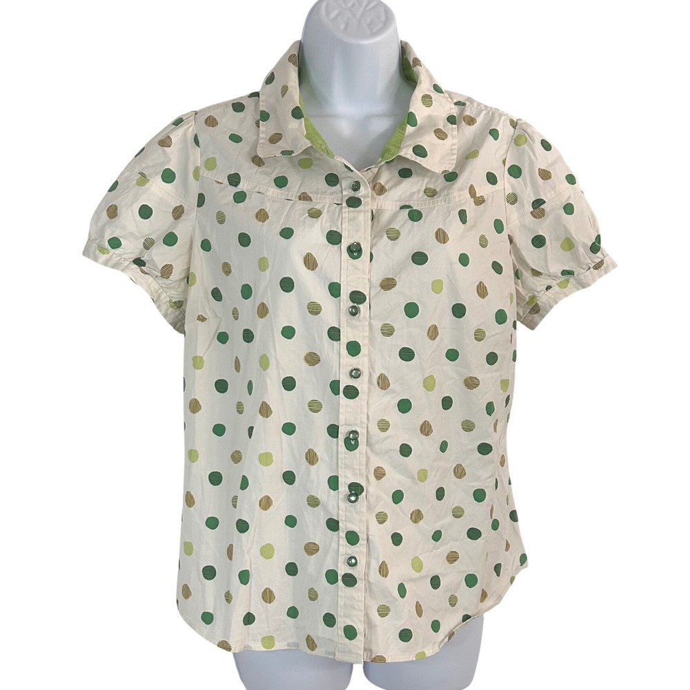 Odille Anthropologie Green Polka Dot Button Down Short Sleeve Blouse Size 14 Fun